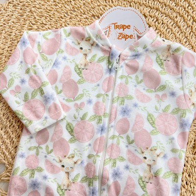 Macacão em Soft com Abertura em Zíper Girafinha com Flores - Off White e Rosa